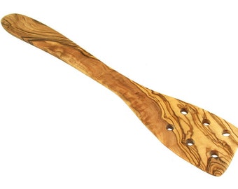 Olive wood spatula with holes, long handle, coated pans, heat-resistant, tasteless