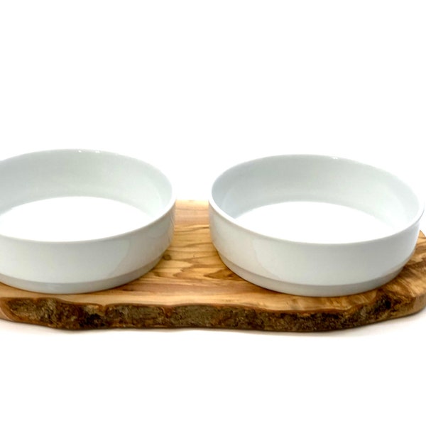 Feeding and drinking station RUSTY (2x 0.9 liter porcelain bowl) for large dogs olive wood