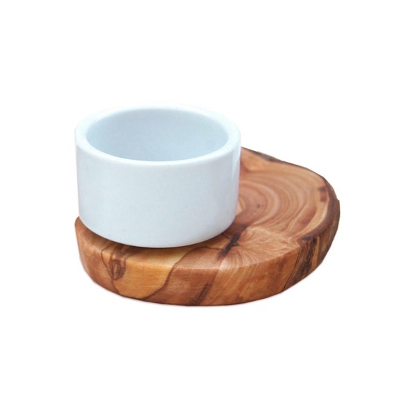 Egg cup FLORENZ made of porcelain on a rustic olive wood base