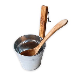 Secchio per sauna SENZA mestolo, in metallo con manico in legno d&#39;ulivo Secchio per sauna Secchiello per infusione