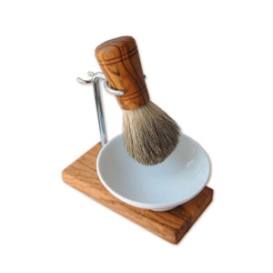 Shaving stand KLASSIK PLUS made of olive wood incl. shaving brush badger hair with angled porcelain bowl