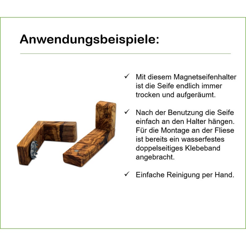 Puede incluir: Dos jaboneras de madera con imanes, dise&ntilde;adas para montarse en una superficie de azulejos. Las jaboneras son de madera natural con un acabado marr&oacute;n oscuro. El texto en la imagen dice: "Anwendungsbeispiele: Mit diesem Magnetseifenhalter ist die Seife endlich immer trocken und aufger&auml;umt. Nach der Benutzung die Seife einfach an den Halter h&auml;ngen. F&uuml;r die Montage an der Fliese ist bereits ein wasserfestes doppelseitiges Klebeband angebracht. Einfache Reinigung per Hand."