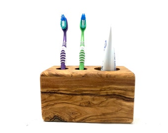 Tooth cleaning station MANUEL made of olive wood for manual toothbrushes, toothbrush holder, order in the bathroom