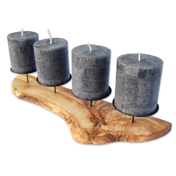 Kerzenhalter ADVENT für 4 Kerzen, Sockel rustikal aus Olivenholz