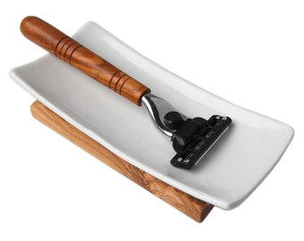 PORCELAIN tray for wet razors or safety razors, olive wood