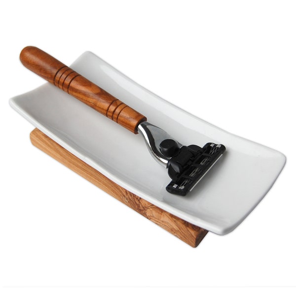 PORCELAIN tray for wet razors or safety razors, olive wood