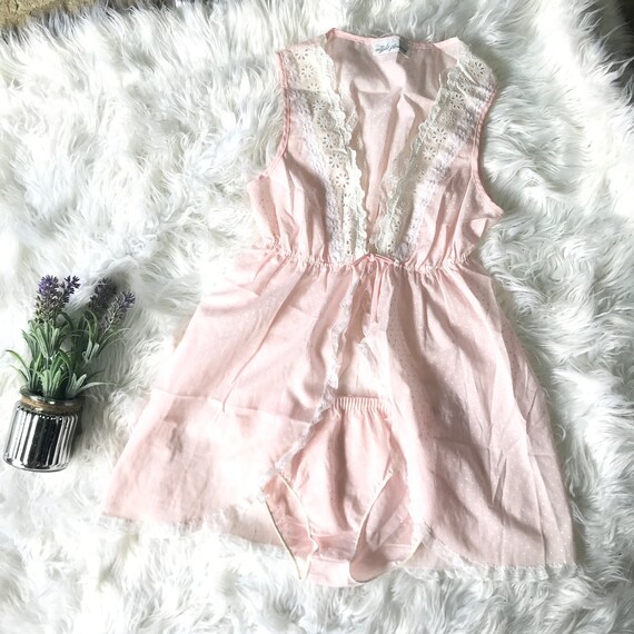 Vintage Light Pink Cotton Lace Lingerie Babydoll M