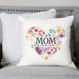 Floral Heart Mom Pillow with Kids Names, Mom Birthday Gift