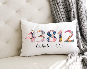 Zip Code Pillow, Floral Lumbar Pillow, College Graduation Gift for Her, Cottagecore Decor