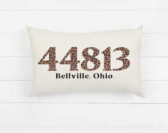 Personalized Leopard Print Zip Code Throw Pillow, New Home Housewarming Gift for Best Friend Female