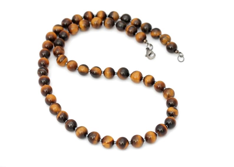 Yellow or Red Tiger Eye 8 mm Men\u2019s Necklace Genuine Gemstone Men\u2019s Necklace Choice of Length