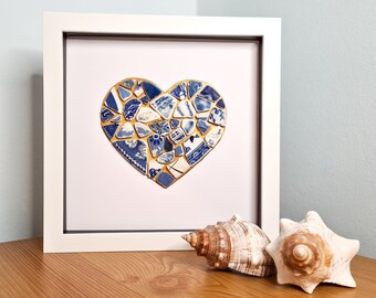 one of a kind Heart sea glass inspired blue and white tumbled pottery pendant beach pottery heart