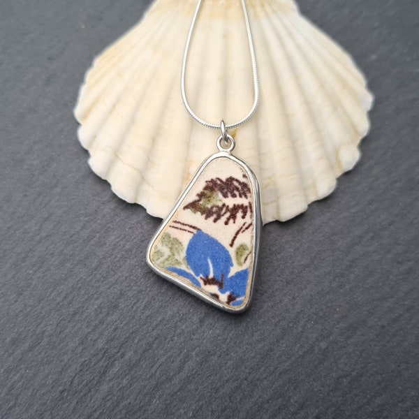 Floral Sea Pottery Necklace / Bezel Set Silver Beach Pottery Pendant / English Coast Pottery / Sea Pottery Jewelry