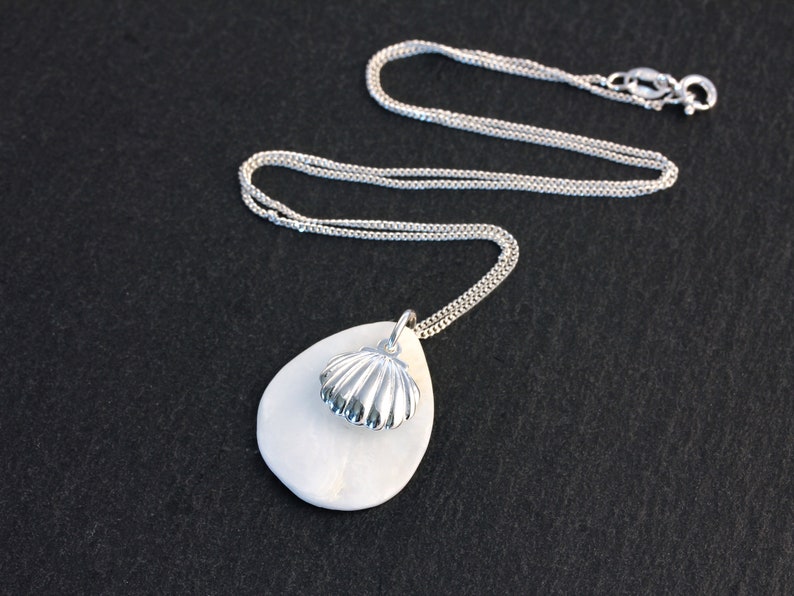 Clam Shell Teardrop Pendant Natural Mother of Pearl Necklace 925 Sterling Silver Beach Jewelry Mermaid Jewelry