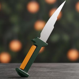 Puede incluir: Un cuchillo decorativo con una hoja plateada y un mango verde y naranja. El mango tiene forma rectangular con base curva. El cuchillo está ligeramente inclinado hacia la izquierda, con la hoja apuntando hacia arriba.