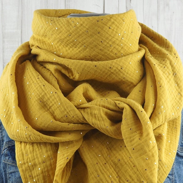 Triangular scarf muslin mustard yellow with dots in gold, scarf for women, XXL scarf made of cotton, mother's scarf