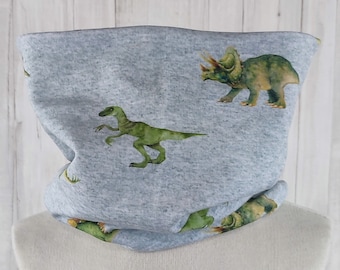 Loop toddler dinos on grey mottled, slip scarf for small children with dinosaurs