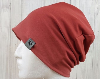 Beanie with gradient color in terracotta, sewn from light sweatshirt, for men, women and big boys and girls