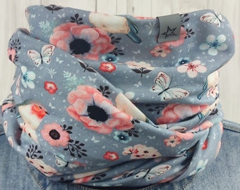 Large cozy loop for women - gray tube scarf with butterflies, flowers and robins
