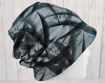 Beanie gray with abstract pattern in black - for adults and tall boys and girls - size 54 - 58 cm