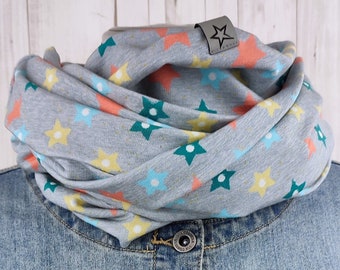 Loop tube scarf mottled light gray with colorful stars - scarf for women and big girls