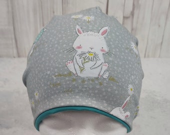 Lapins et marguerites, joli bonnet pour petites filles, bonnet pour enfant en jersey, taille environ 48 à 54 cm de tour de tête