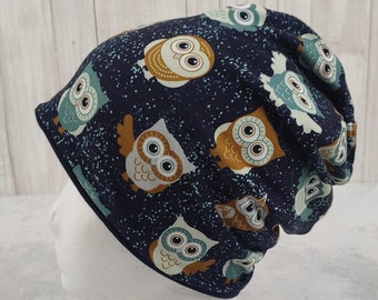 Beanie Eulen, dunkelblaue Mütze für Kinder, Größe ca. 48 bis 54 cm Kopfumfang