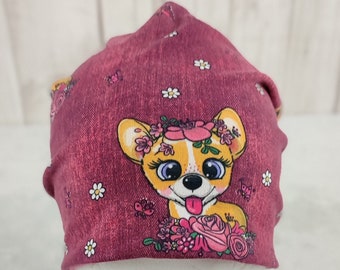 Muts meisjes Chihuahuas - kindermuts van jersey in bessen en roze, met honden en bloemen, maat ca. 48 - 54 cm hoofdomtrek