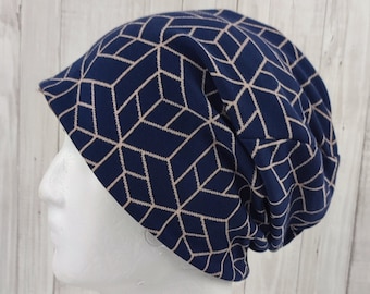 Beanie for adults, made of knitted fabric in dark blue with a graphic pattern in beige and jersey in sand mottled - head circumference approx. 54 - 58 cm