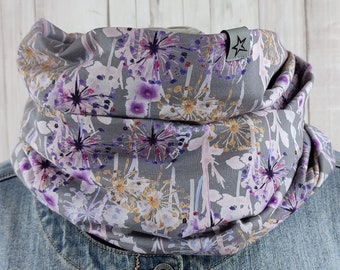 Loop Schlauchschal grau mit Pusteblumen in lila und ocker, Schal für Damen aus Jersey