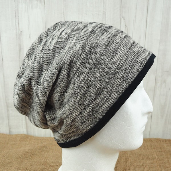 Beanie heren gemêleerd zwart, beanie genaaid van gebreide stof en sweatstof, ribgebreid, heren heren dames unisex, hoofdomtrek ca. 54 - 58 cm