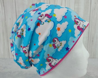 Beanie unicorn clouds and stars, hat light blue and pink, size approx. 48 to 54 cm head circumference, girls children