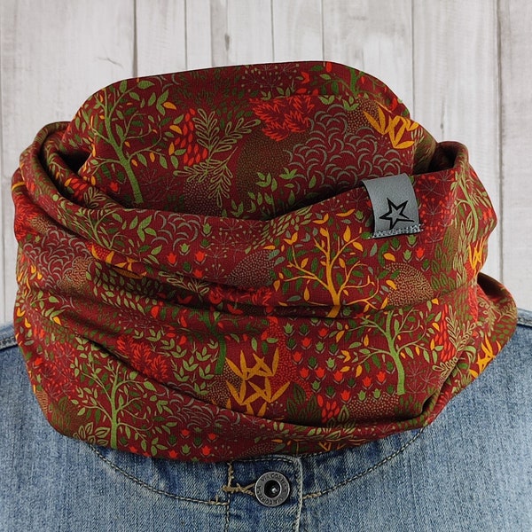 Loop tube scarf bordeaux with trees and leaves in green and mustard, scarf for women