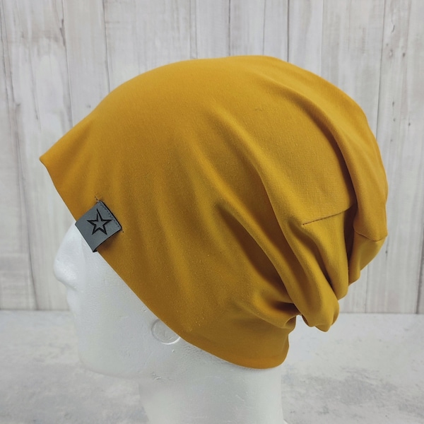 Beanie in senfgelb, genäht aus Jersey, für Männer, Damen und große Jungen und Mädchen