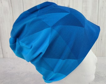 Beanie in blue and turquoise graphic pattern, hat for children, size approx. 48 to 54 cm head circumference