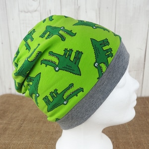 Beanie children's crocodiles, cotton fleece lined warm beanie made of green jersey, printed with crocodiles, and fleece, 48 to 50 cm image 1