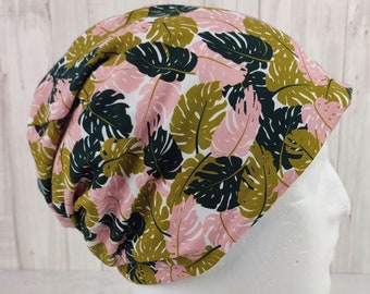 Beanie - patterned with monstera leaves and plain powder pink - for women and tall girls - size approx. 54 - 58 cm head circumference