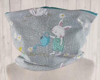 Jersey slip scarf with cute rabbits on light grey, scarf for girls children