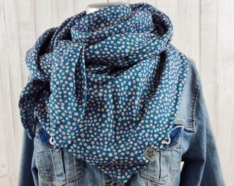 Châle triangulaire en mousseline bleu jean à motif floral, châle maman XXL