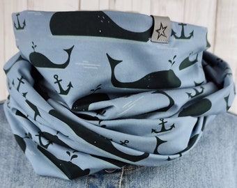 Loop made of jersey, maritime pattern with anchors and whales, smoke blue, dark blue, men women unisex