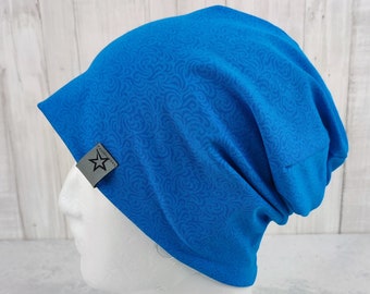 Beanie in turquoise patterned with fine ornaments tone on tone, for adults and teenagers, size approx. 54 to 58 cm head circumference