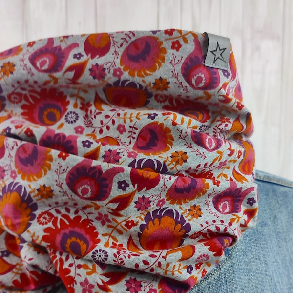 Loop tube scarf light gray mottled with colorful flowers in orange purple pink, scarf for women made of jersey