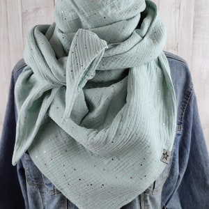 Scarf triangular muslin women, scarf in delicate mint with golden dots, XXL scarf made of cotton, mom scarf