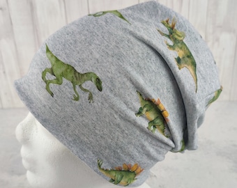 Bonnet dinosaure, bonnet pour enfant, avec dinosaures sur fond gris clair chiné et doublure vert pomme, taille environ 48 à 54 cm de tour de tête