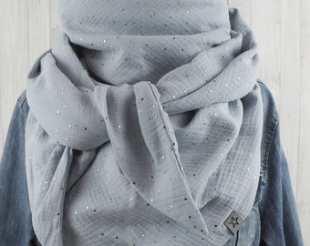 Scarf triangular muslin scarf light grey with dots in gold, scarf for women, XXL scarf made of cotton, mama scarf