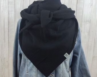 Bufanda triangular de muselina para mujer y hombre, bufanda negra, tela XXL de algodón