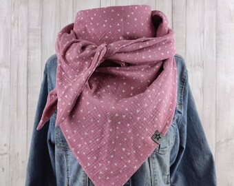 Women's triangular muslin scarf, antique rose with white triangles, XXL cotton scarf, maternity scarf