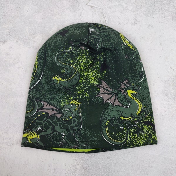 Beanie Drachen, coole Mütze für Kinder in grün, Größe ca. 48 bis 54 cm Kopfumfang