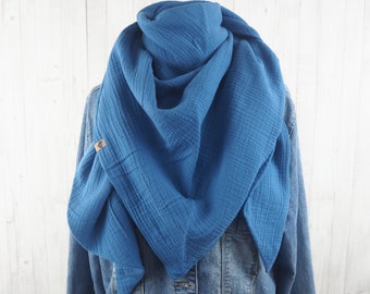 Cloth triangular scarf muslin adults, scarf jeans blue blue, XXL scarf made of cotton, mother's scarf