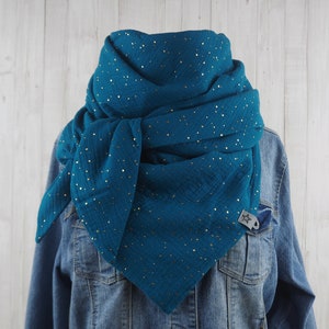 Women's triangular muslin scarf, petrol scarf with golden dots, XXL cotton scarf, mother's scarf